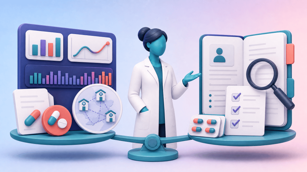 A Clinical Pharmacist compares prescribing data on one side with a case-note and guideline review on the other.