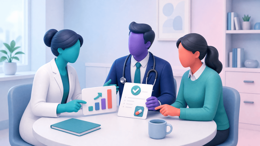 A Clinical Pharmacist, GP and practice colleague hold a constructive review meeting around a feedback card and guideline sheet.