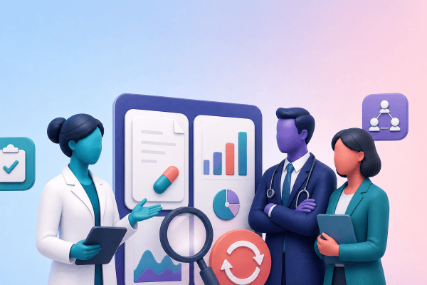 A PCN Clinical Pharmacist, GP and manager review prescribing-variation data on a shared dashboard.
