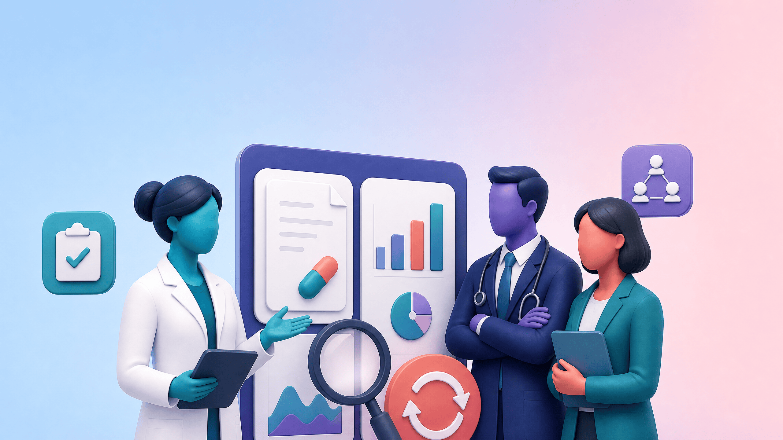 A PCN Clinical Pharmacist, GP and manager review prescribing-variation data on a shared dashboard.