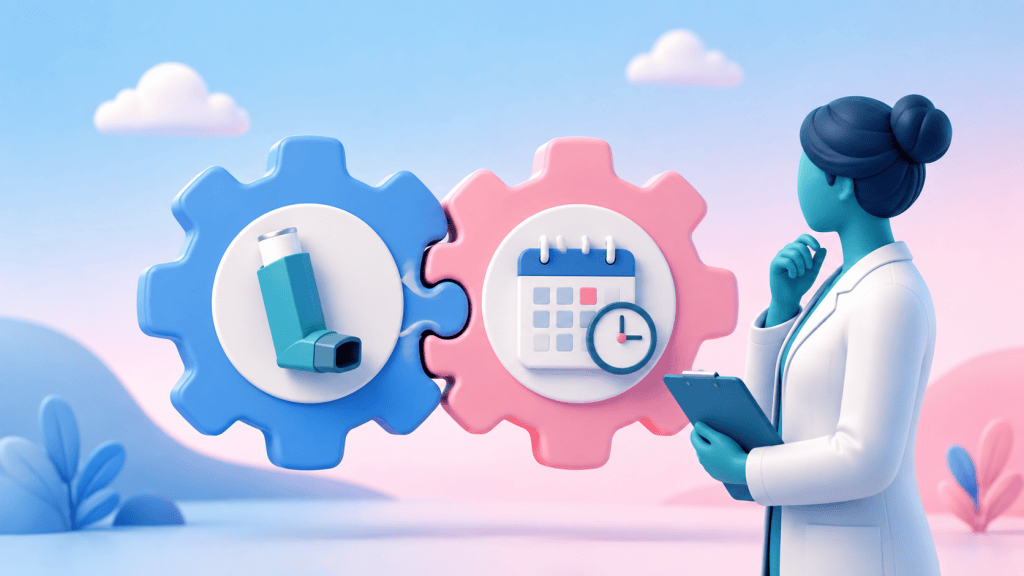 Interconnected gears representing inhaler technique and adherence, symbolizing the need to assess both factors together for a complete picture of a patient's respiratory management.