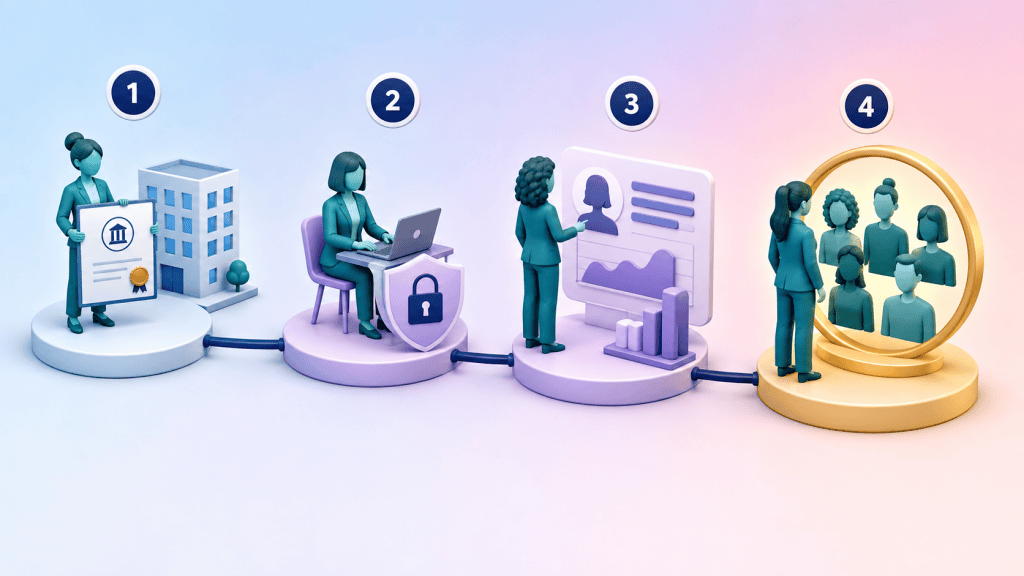 Four-stage pathway showing certification, confidential employee feedback, women’s workplace experience and workforce representation in the assessment process.