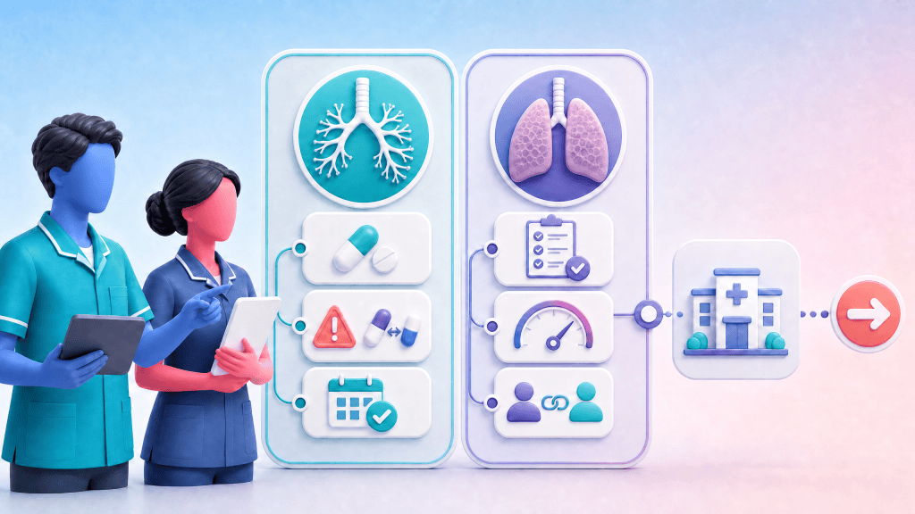 Two Clinical Pharmacy team members supporting respiratory care beside paired bronchiectasis and interstitial-lung-disease pathway panels, medicine-reconciliation cards and a specialist-referral icon.