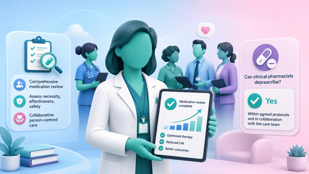 A clinical pharmacist leading a multidisciplinary team and conducting a Structured Medication Review to safely manage medication tapering for older patients.