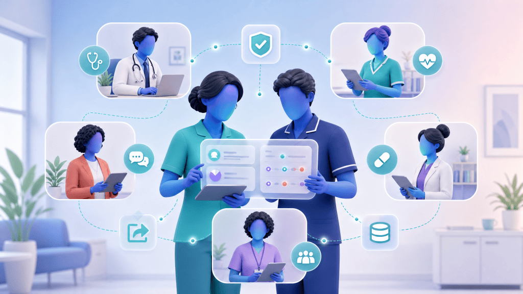 3D vector illustration of a Clinical Pharmacist and Pharmacy Technician working with a GP, nurse, social prescriber and care coordinator.