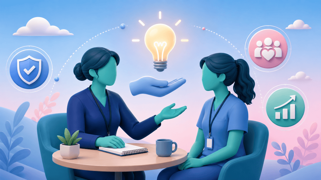 A supervisor offering guidance to a staff member, with icons for safety and retention, highlighting the importance of structured clinical supervision in PCNs.
