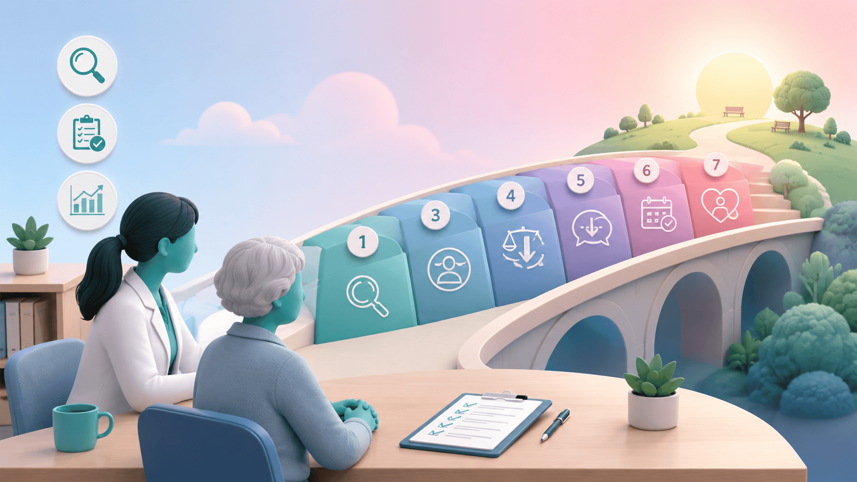 A clinical pharmacist and an older patient discussing a 7-stage roadmap for safe medication reduction and medicines optimisation.