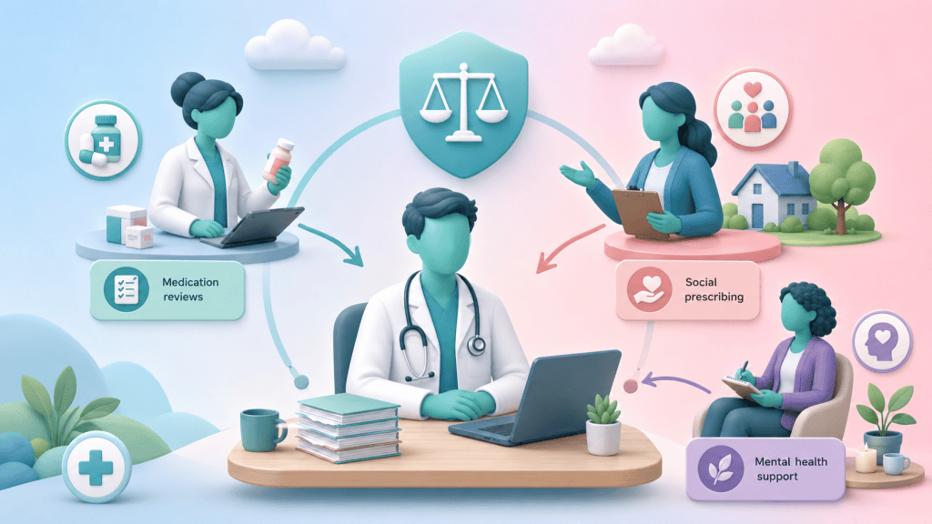 Healthcare professionals efficiently handling diverse clinical tasks to balance the workload and reduce pressure on the GP, illustrating workforce resilience.