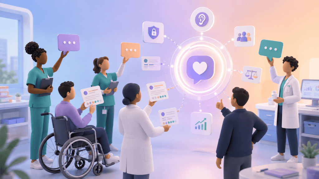 Diverse healthcare professionals sharing confidential workplace feedback in an employee-led assessment of workplace culture.