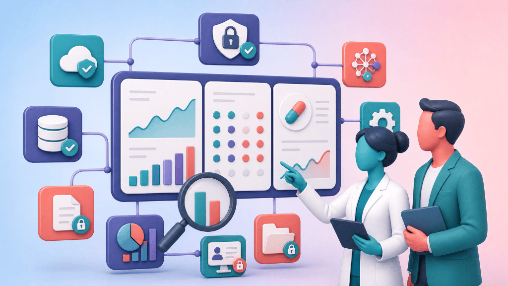 A PCN manager and Clinical Pharmacist examine connected prescribing-data dashboards and practice-variation indicators.