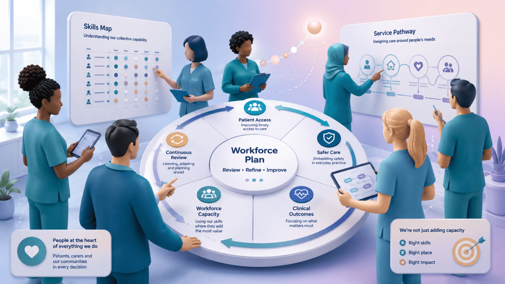 Five-stage PCN workforce planning pathway covering population needs, skill gaps, supervision, integrated teams and regular review.