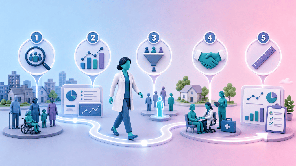 A five-step roadmap for PCNs to reduce health inequalities, featuring identification, analysis, prioritisation, intervention, and measurement stages.