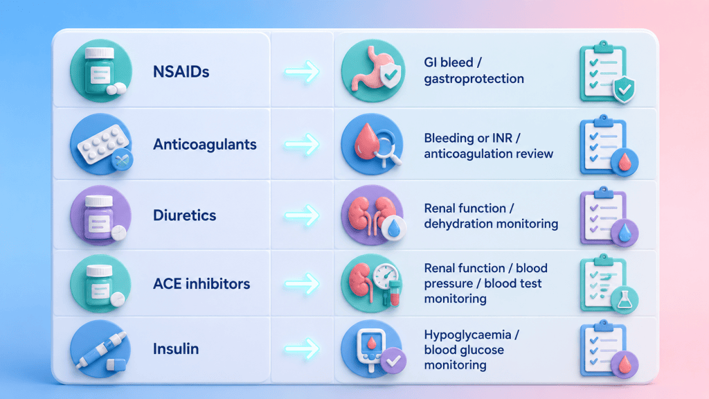 An infographic table showing high-risk medicines (NSAIDs, anticoagulants, diuretics, ACE inhibitors, insulin) and corresponding PCN actions to mitigate risks.
