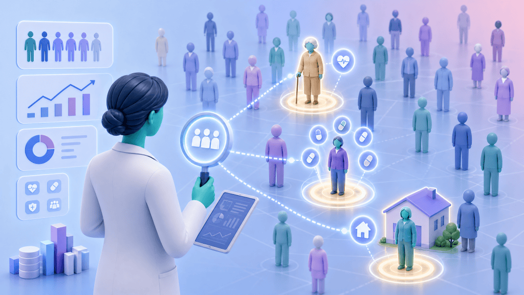 A clinician using a digital magnifying glass to identify high-risk cohorts such as patients with frailty, polypharmacy, and those living in care homes.