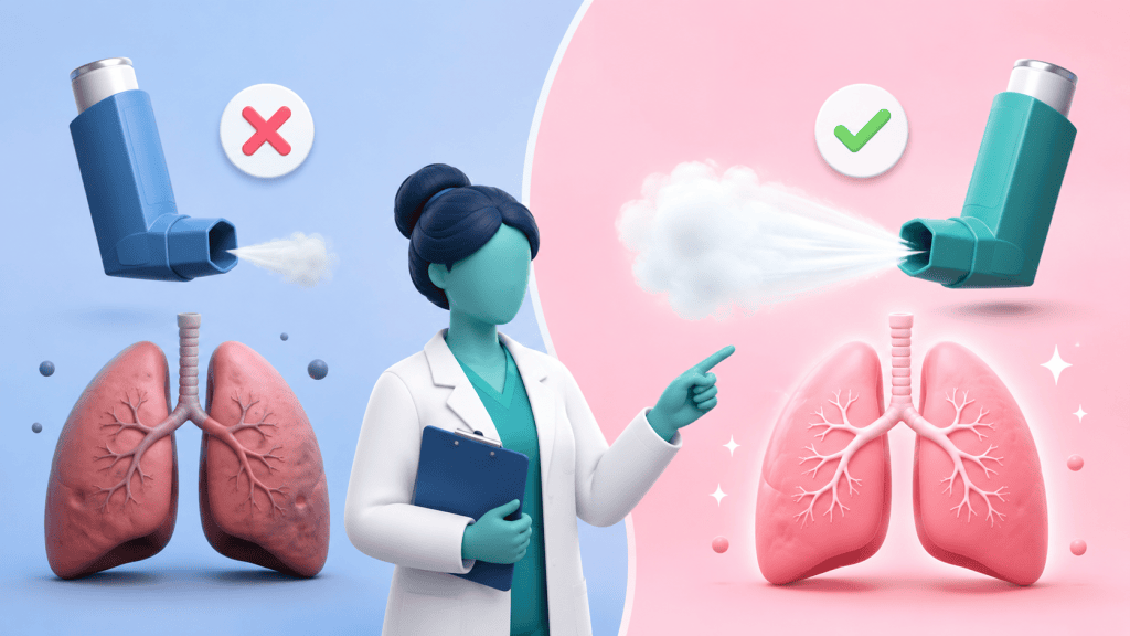 A split image showing ineffective versus effective inhaler use, with corresponding lung health icons, highlighting the critical impact of correct technique on treatment efficacy.