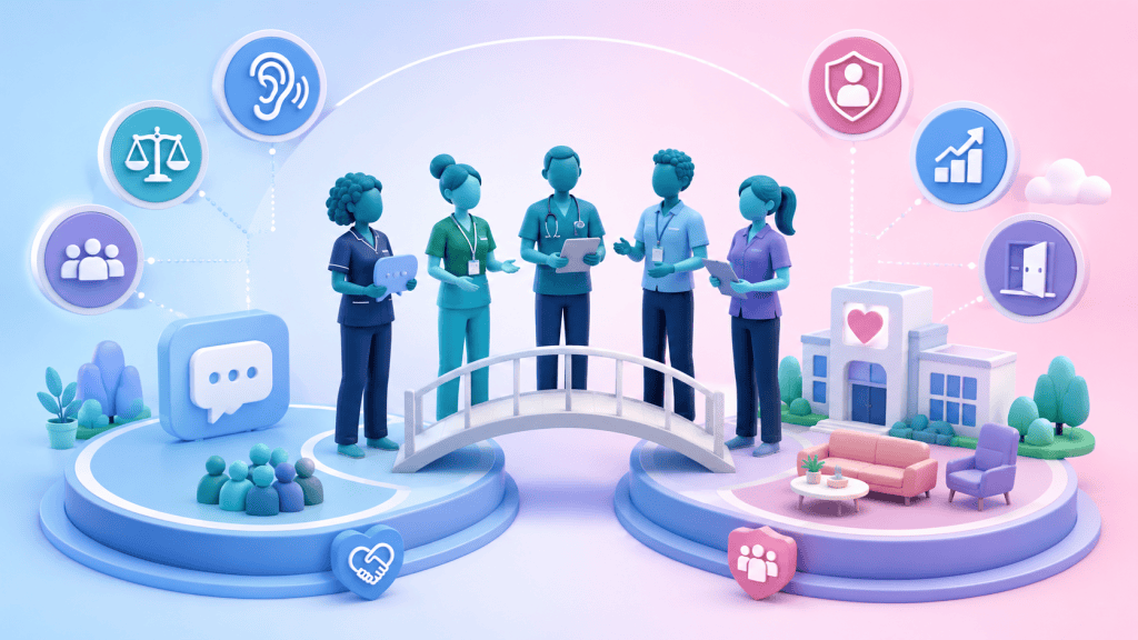Healthcare colleagues contributing to an inclusive and equitable workplace culture through listening, fairness and professional development.