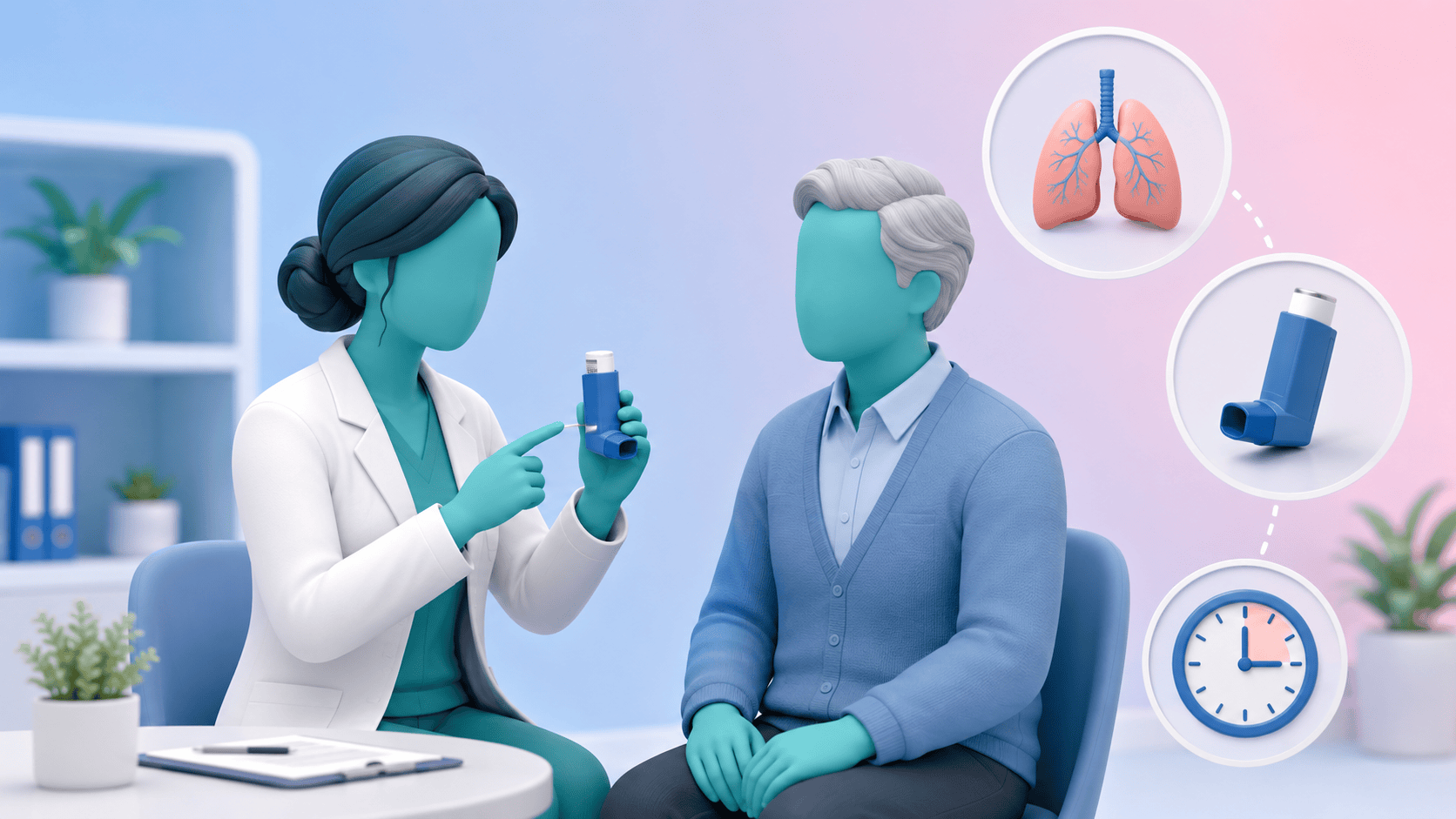 A PCN pharmacist demonstrating correct inhaler technique to a patient, emphasizing the importance of proper device use for respiratory health.