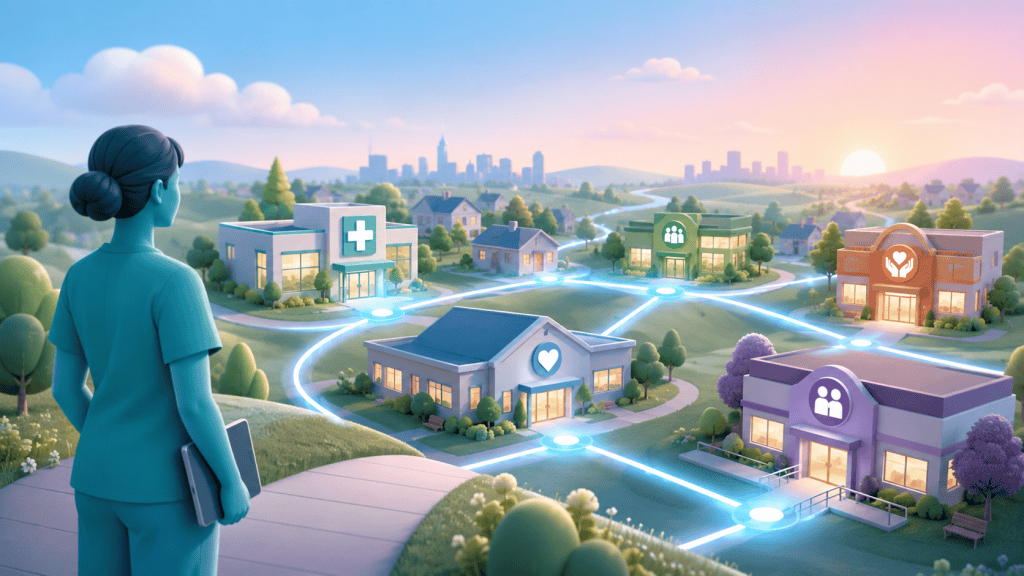A figure looking towards a horizon of connected community health and social care services, symbolizing the transition to Integrated Neighbourhood Teams.