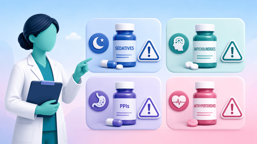 Icons representing sedatives, anticholinergics, PPIs, and antihypertensives, highlighted for careful clinical review during medication optimisation.