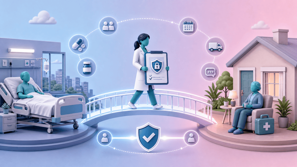 A clinical pharmacist ensuring safe medicines reconciliation during patient transitions from hospital to home, preventing fragmented care for vulnerable individuals.