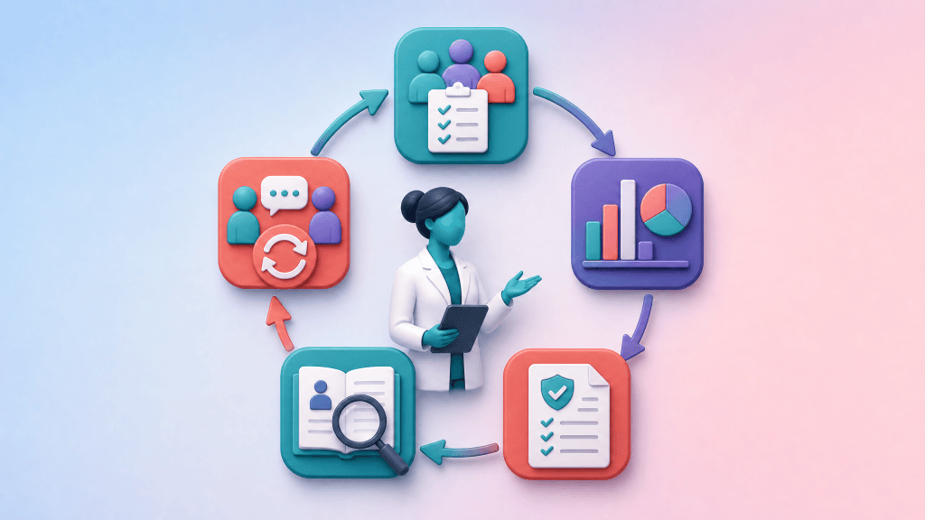 A circular five-stage visual shows ownership, data review, standards, case-note review and re-audit in a PCN improvement cycle.