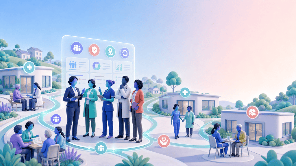 3D vector illustration of connected PCN practices and multidisciplinary teams delivering proactive care across a local community.