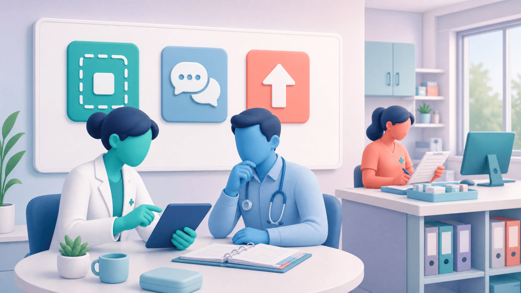 Clinical pharmacist and GP reviewing a shared patient record with defined supervision and escalation.