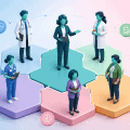 A PCN leader coordinating a diverse multidisciplinary team of healthcare professionals standing on integrated hexagonal platforms, symbolizing a resilient workforce foundation.