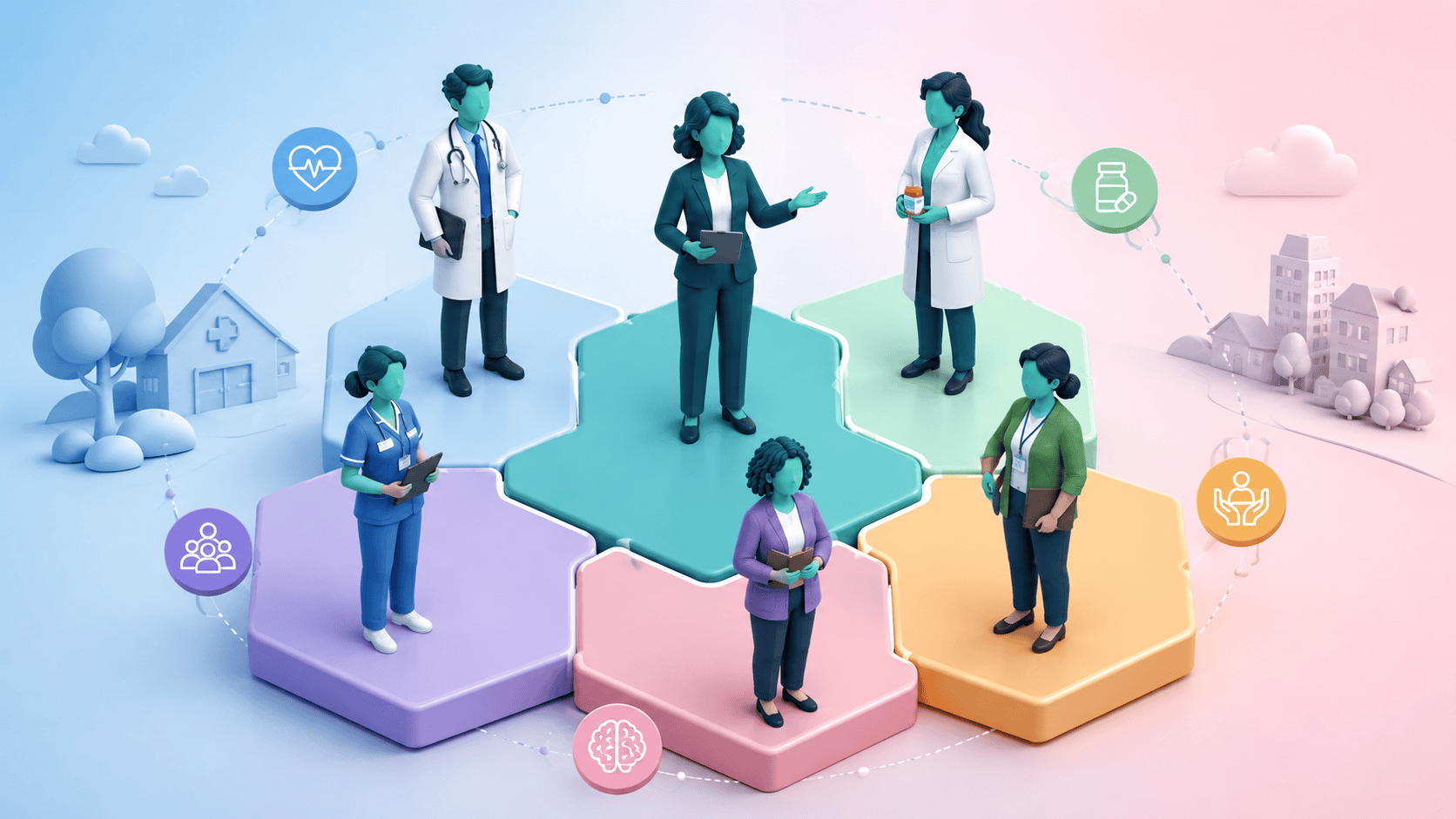 A PCN leader coordinating a diverse multidisciplinary team of healthcare professionals standing on integrated hexagonal platforms, symbolizing a resilient workforce foundation.