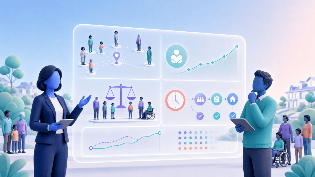 3D vector illustration of a PCN manager reviewing reach, outcomes, equity and delivery indicators on a rounded dashboard.