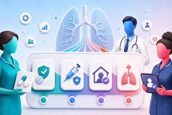 Healthcare professionals discussing respiratory health with digital tools in a clinic.