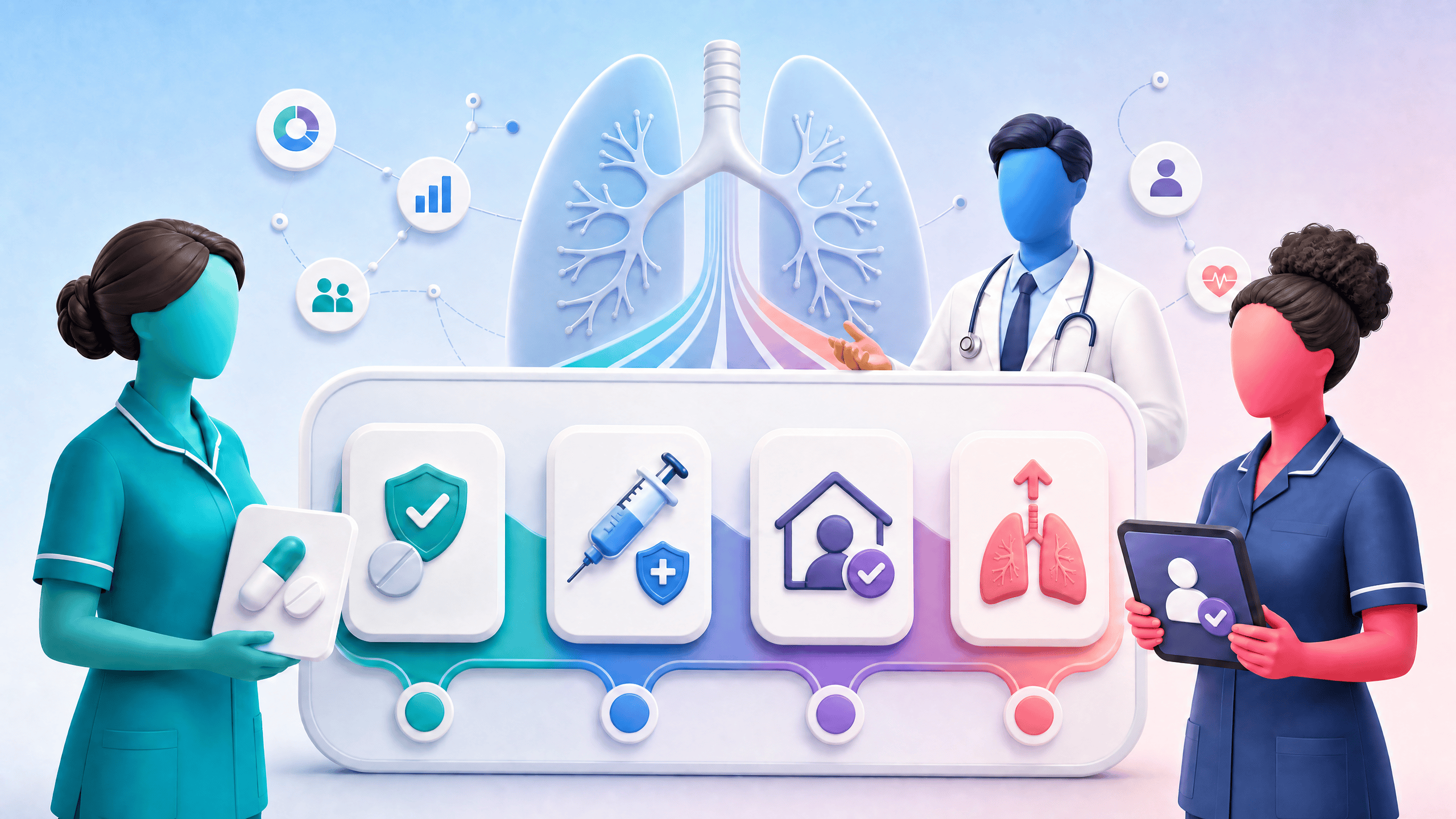 Healthcare professionals discussing respiratory health with digital tools in a clinic.