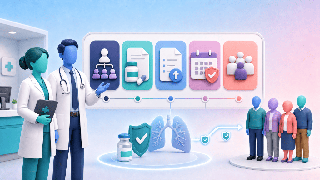 Clinical Pharmacist and GP reviewing a governance checklist beside a vaccination-prevention card, shield icon, respiratory-risk symbol and connected local-pathway arrow.