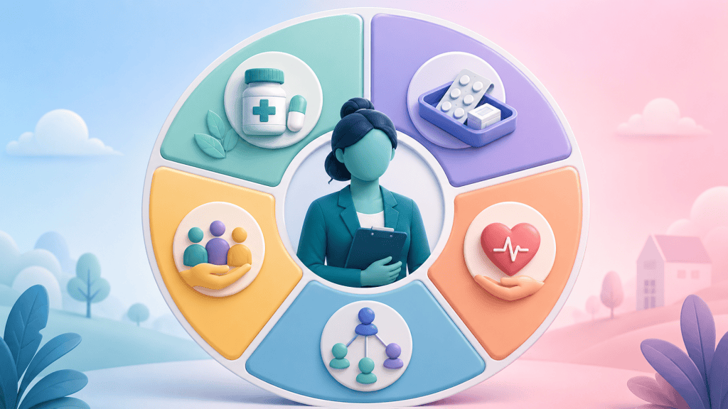 A circular diagram showcasing the right skill mix for PCN resilience, including Clinical Pharmacists, Pharmacy Technicians, and Mental Health Practitioners.