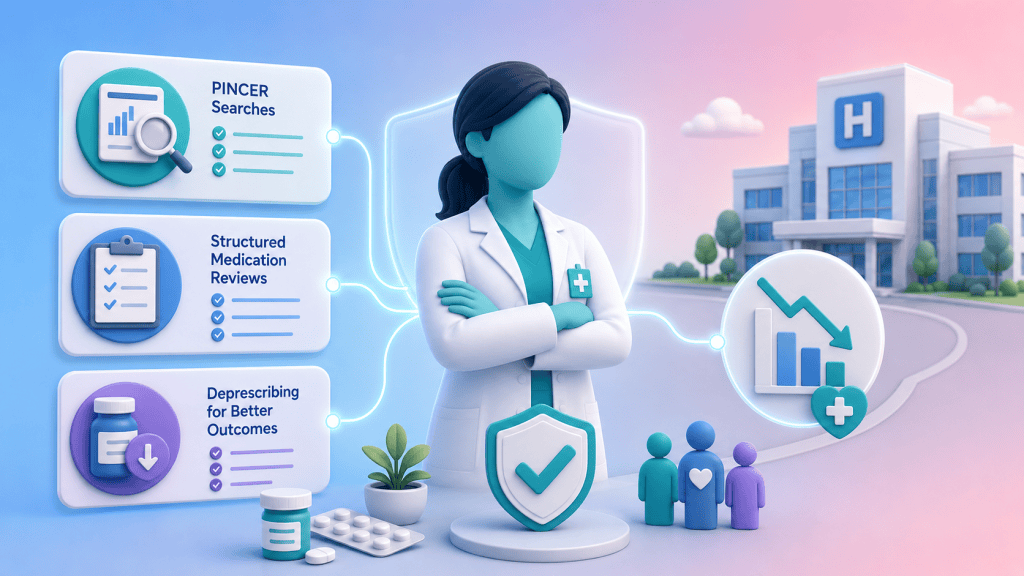 A clinical pharmacist surrounded by icons for the PINCER tool, Structured Medication Reviews, and deprescribing, demonstrating their role in reducing hospital admissions.