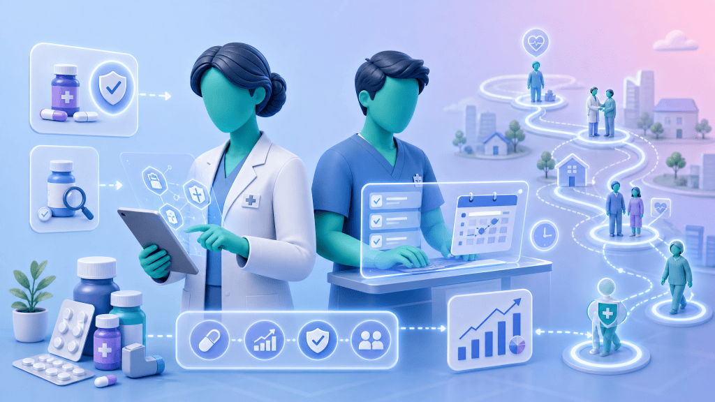 A clinical pharmacist and pharmacy technician collaborating on medication reviews and data quality checks within a proactive care model.