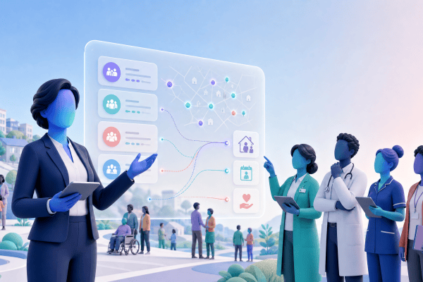 3D vector illustration of a PCN leader and multidisciplinary primary care team using a population dashboard to plan proactive care.