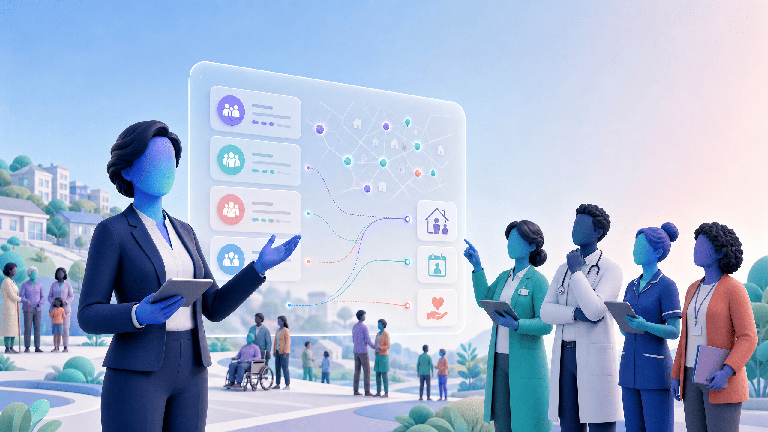 3D vector illustration of a PCN leader and multidisciplinary primary care team using a population dashboard to plan proactive care.