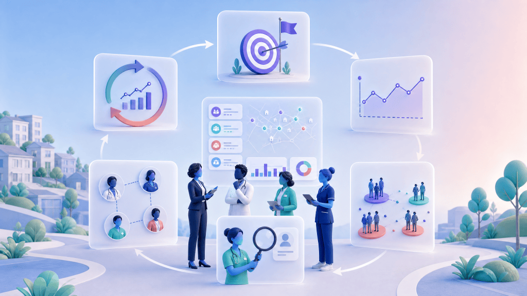 3D vector illustration of six connected stages around a population dashboard for PCN cohort design and proactive care.