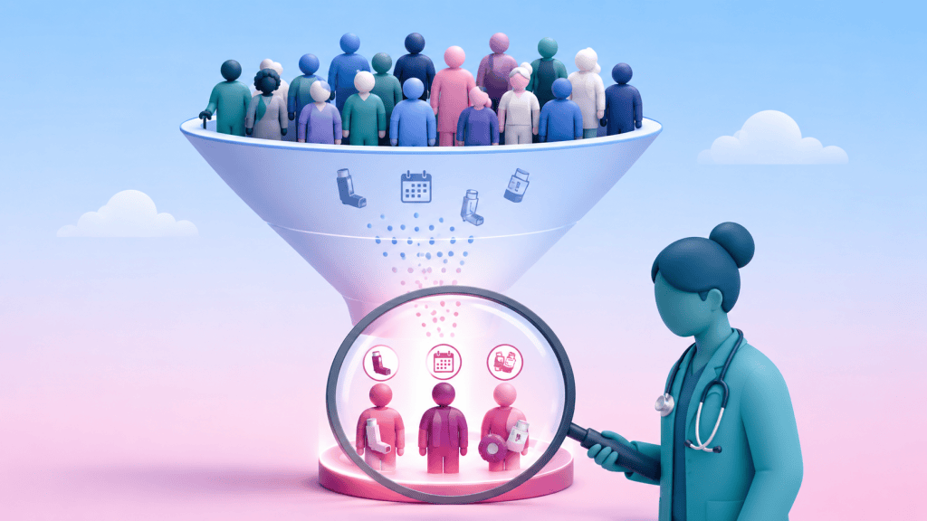 A funnel graphic filtering a diverse group of patients to highlight high-risk cohorts for prioritized inhaler reviews, such as frequent reliever users or those overdue for assessment.