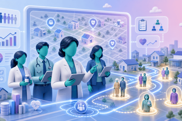 A PCN clinical lead and multidisciplinary team using a digital neighbourhood map to proactively identify and support high-risk patients before a health crisis occurs.