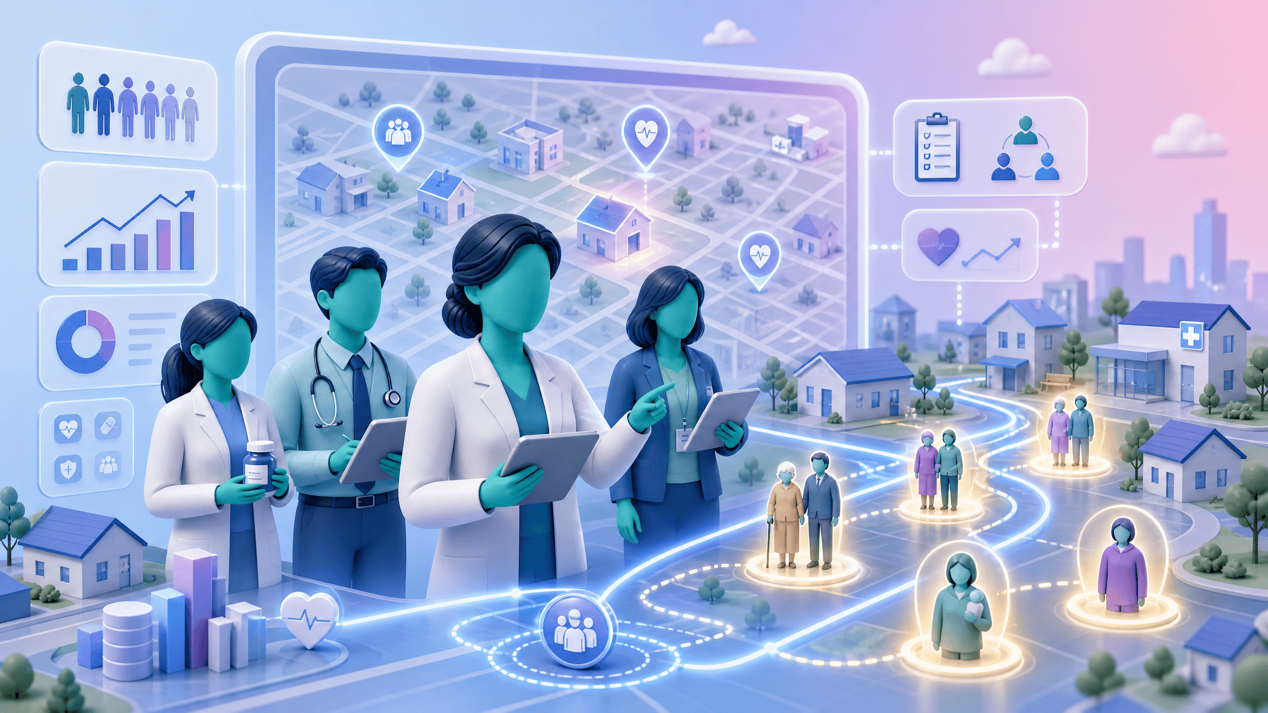 A PCN clinical lead and multidisciplinary team using a digital neighbourhood map to proactively identify and support high-risk patients before a health crisis occurs.