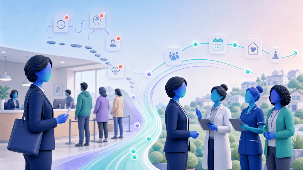 3D vector illustration showing a Primary Care Network moving from reactive appointments to planned proactive support.