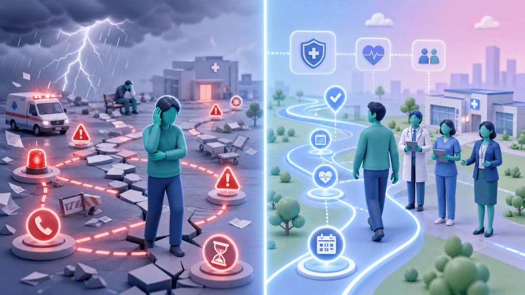 A comparison graphic showing a patient in a reactive 'crisis' zone versus a proactive 'planned care' zone supported by a clinical team.