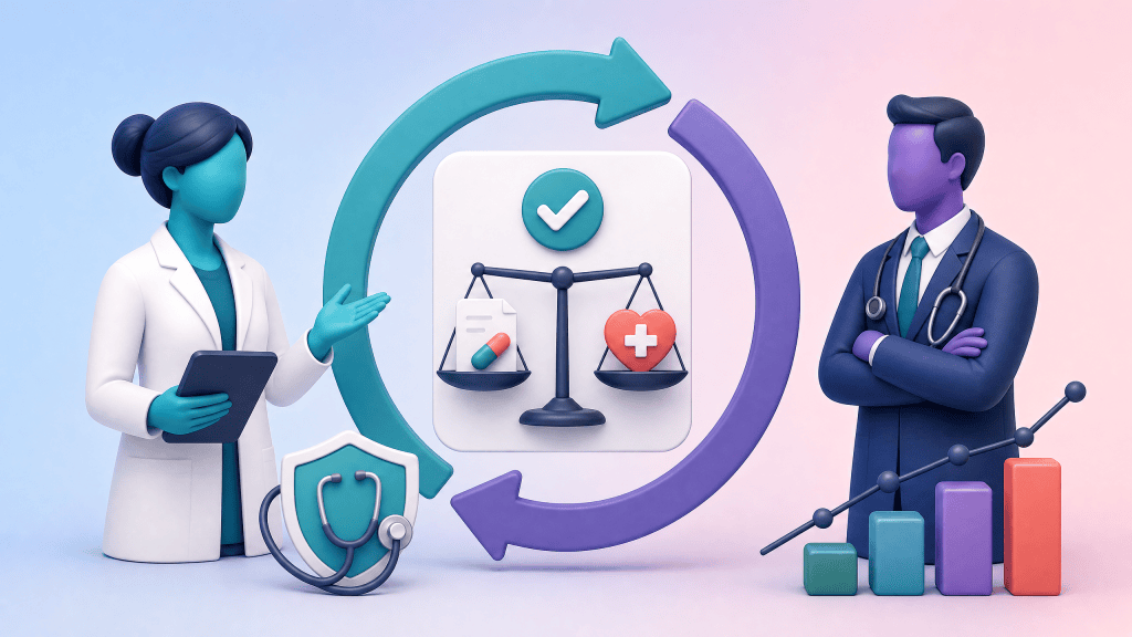 A Clinical Pharmacist and GP review a circular re-audit cycle with balanced prescribing and patient-safety symbols.