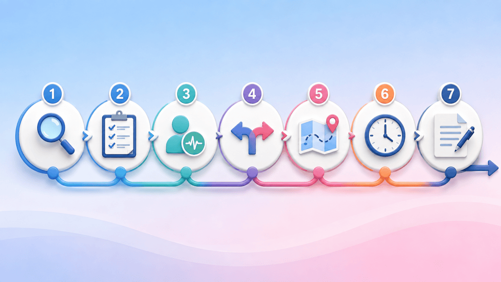 A circular process flow showing the seven stages of deprescribing: Identify, Review, Assess, Decide, Plan, Monitor, and Document.
