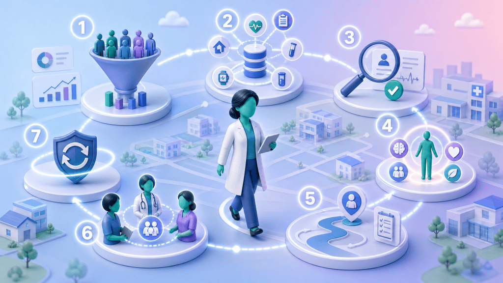 A seven-stage roadmap for building a proactive care model, covering cohort identification, clinical validation, holistic assessment, and multidisciplinary coordination.