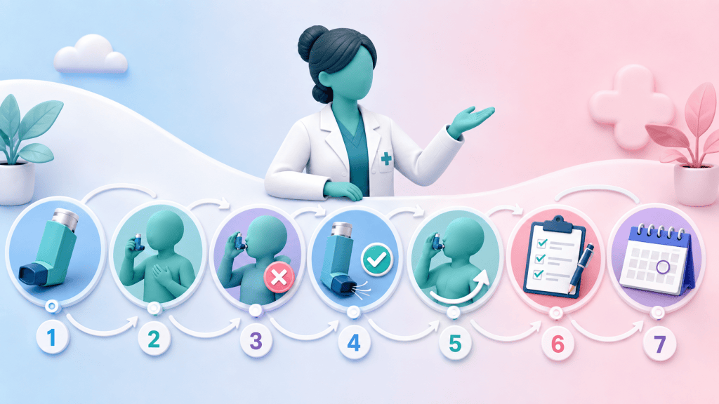 A step-by-step workflow diagram outlining the 7 stages of a systematic inhaler technique assessment, from confirming the device to arranging follow-up.