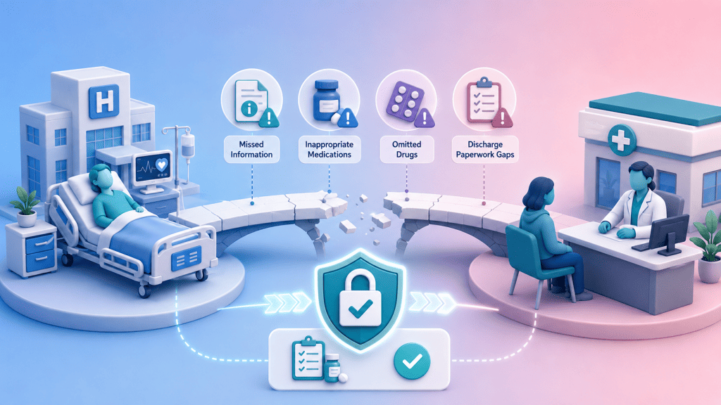 Two healthcare settings connected by a broken bridge, with icons for missed information and inappropriate medications, illustrating medication safety risks during transfer of care.