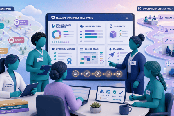 PCN healthcare professionals planning a seasonal vaccination programme using population health data, workforce coordination and targeted patient recall.